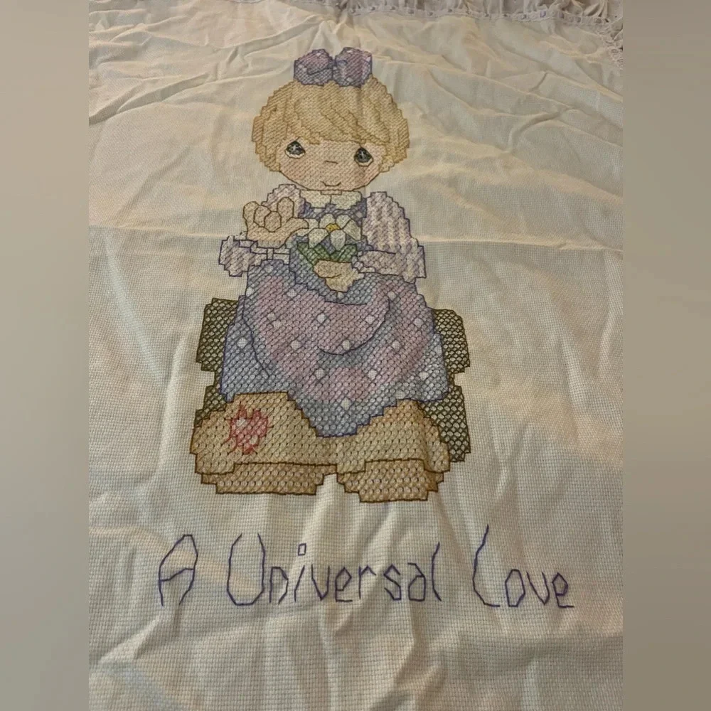 Vintage Precious Moments Handmade Cross stitched Baby Blanket w/ Eyelet Ruffle